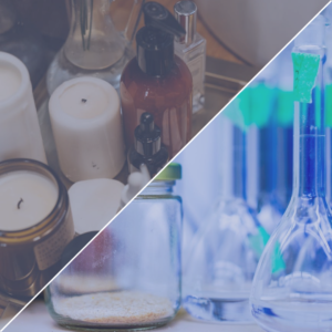 Imagem aparece dividida ao meio, apresentado em uma de suas partes produtos cosméticos, e em sua outra parte instrumentos de laboratório.