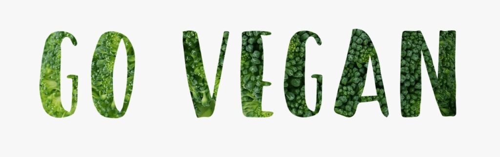 Imagem apresenta o texto "go vegan" com letras em verde. Texto em tradução literal significa "torne-se vegano".
